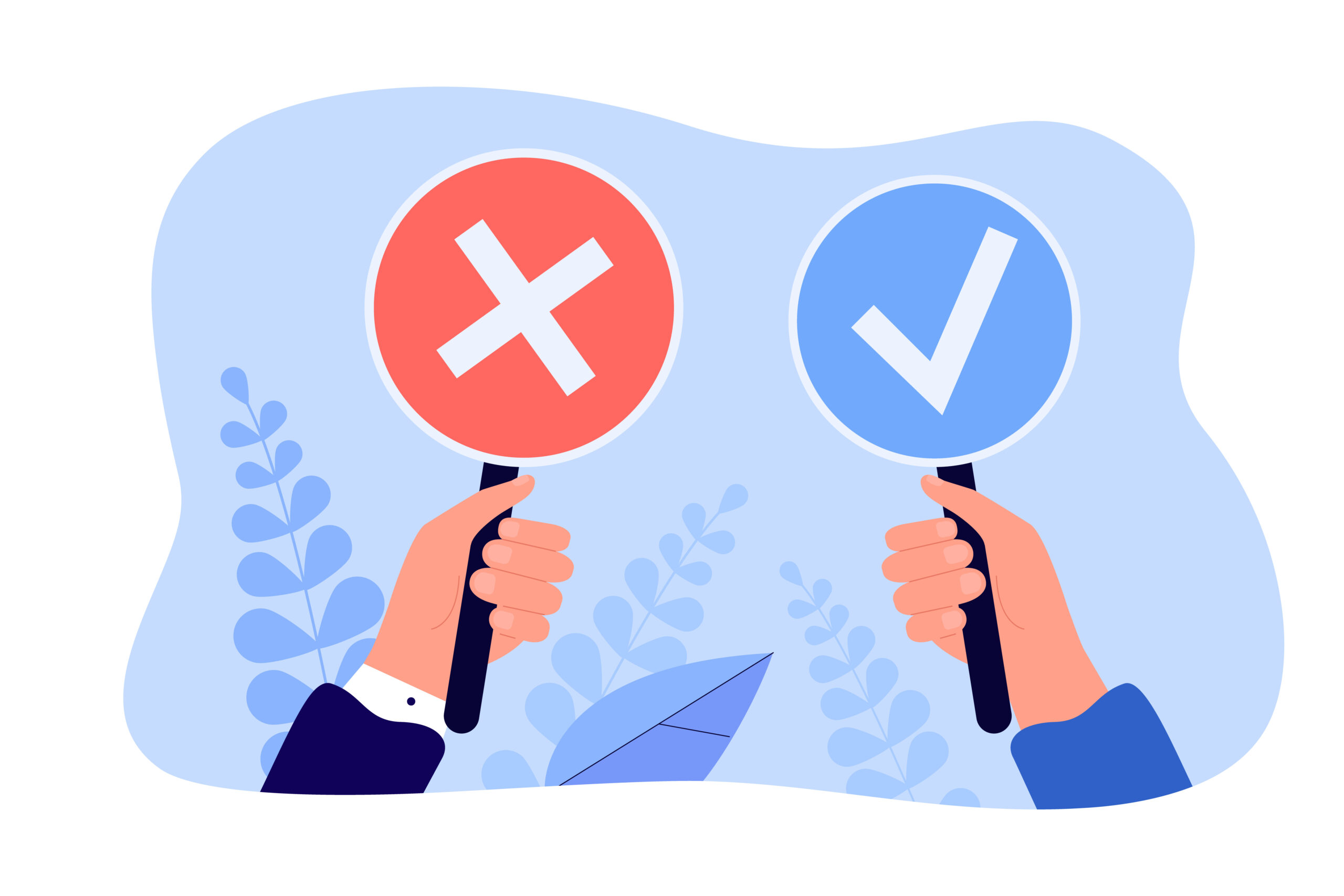 Hands holding signs with cross and checkmark. Wrong and right, cancel or approved vote of person flat vector illustration. Exam, survey, answer concept for banner, website design or landing web page